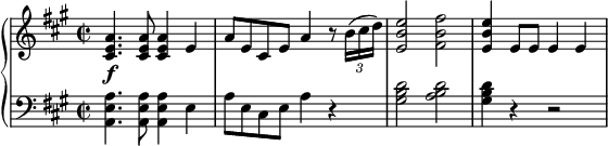 
 \relative g'' {
  \new PianoStaff <<
   \new Staff { \key a \major \time 2/2
    \set Score.tempoHideNote = ##t
     \tempo "" 2. = 64
    <cis,, e a>4.\f <cis e a>8 <cis e a>4 e a8 e cis e a4 r8 \times 2/3 { b16( cis d) } <e, b' e>2 <fis b fis'> <e b' e>4 e8 e e4 e
   }
   \new Staff { \key a \major \time 2/2 \clef bass
    <a,, e' a>4. <a e' a>8 <a e' a>4 e' a8 e cis e a4 r <gis b d>2 <a b d> <gis b d>4 r r2
   }
  >>
 }
