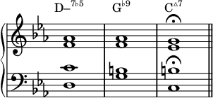  { 
 \new PianoStaff <<
  \new Staff = "treble" \with{ \magnifyStaff #6/5 \remove "Time_signature_engraver" } \relative c' {
   \key c \minor \clef treble
   <f aes>1 | <f aes> | <ees g> \fermata \bar "||"
}
  \new Staff \with{ \magnifyStaff #6/5 \remove "Time_signature_engraver" } \relative c' {
   \key c \minor \clef bass
   <d, c'>1 | <g b> | <c, b'> \fermata
}
  \addlyrics \with { alignAboveContext = "treble" } {
   \markup{\concat{D–\super{7♭5}}} \markup{\concat{G\super{♭9}}} \markup{\concat{C\super{▵7}}}
} >> }
