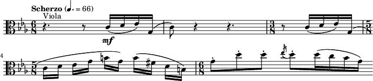 
\relative c' {
    \clef "alto" \time 6/8 \key c \minor | % 1
    \set Staff.midiInstrument = "violin"
    \tempo "Scherzo" 4.=66 r4. ^ "Viola" r8 \stemUp c16 ( [ _\mf \stemUp
    d16 \stemUp es16 ) \stemUp g,16 ( ] | % 2
    \stemDown c8 ) r4 r4. | % 3
    \time 3/8  r8 \stemUp c16 ( [ \stemUp d16 \stemUp es16 ) \stemUp g,16
    ( ] \break | % 4
    \time 5/8  \stemDown c16 [ \stemDown d16 ] \stemDown es16 [
    \stemDown g16 ] \stemDown b16 [ \stemDown g16 ) ] \stemDown b16 ( [
    \stemDown fis16 ] \stemDown d16 [ \stemDown b16 ) ] | % 5
    \time 6/8  \stemDown g'8 ^. [ \stemDown d'8 ^. \stemDown d8 ^. ]
    \acciaccatura { \stemUp es16 ( } \stemDown d8 ) ^. [ \stemDown d16 (
    \stemDown c16 \stemDown bes16 \stemDown g16 ) ] \bar ""
    }

