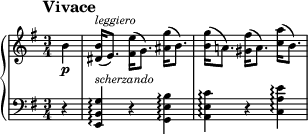 
\new PianoStaff <<
\new Staff = "Up" \with { \magnifyStaff #3/4 } <<
\new Voice \relative c' {
\clef treble
\tempo "Vivace"
\set Score.tempoHideNote = ##t \tempo 4 = 184

\key e \minor
\time 3/4
\partial 4
b'4 \p <dis, b'>16^\markup{\italic leggiero} (e8.) <fis e'>16 (g8.) <ais g'>16 (b8.) <b g'>16 (a!8.) <gis fis'>16 (a8.) <c a'>16 (b8.)
}
>>
\new Staff = "Down" \with { \magnifyStaff #3/4 } <<
\new Voice \relative c{
\clef bass
\key e \minor
r4 <e, b' g'>^\markup{\italic scherzando} \arpeggio r <g e' b'> \arpeggio <a e' c'> \arpeggio r <c a' e'> \arpeggio
}
>>
>>
