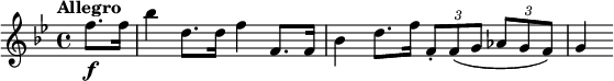 
\relative c'' {
  \key bes \major
  \tempo "Allegro"
  \partial 4 f8.\f f16 bes4 d,8. d16 f4 f,8. f16 bes4 d8. f16 \times 2/3 {f,8-. f (g} \times 2/3 {as g f)} g4
}
