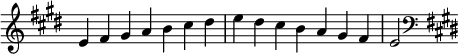  {
\omit Score.TimeSignature \relative c' {
  \key e \major \time 7/4 e fis gis a b cis dis e dis cis b a gis fis e2
  \clef F \key e \major
} }
