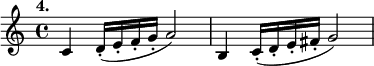 
%etude4
\relative c'
{  
\set Staff.midiInstrument = #"violin"
\time 4/4 
\tempo "4."
c4 d16-. (e-. f-. g-. a2) |
b,4 c16-. (d-. e-. fis-. g2)

}

