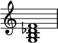 
{
\override Score.TimeSignature #'stencil = ##f
\relative c' {
   \clef treble 
   \time 4/4
   \key c \major
   <g b des f>1
} }
