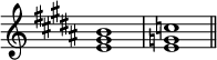 
{
\override Score.TimeSignature
#'stencil = ##f
    \relative c' {
        \time 4/4 \key b \major
        <e gis b>1 <e g c> \bar "||"
    }
}
