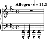 \new PianoStaff <<
    \new Staff {
        \tempo "Allegro" 2 = 112
        \clef treble
        \key b \minor
        \time 2/2
        {
        R1
        }
    }
    \new Staff {
    \clef bass
    \key b \minor
    \time 2/2
      { \relative c,
    <g g'>4-. q-. q-. q-.
      }
    }
  >>