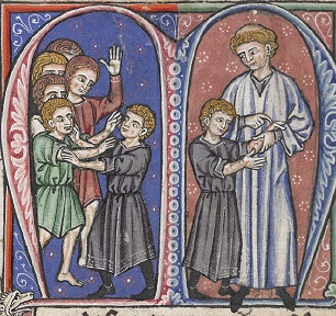 来自一部中世纪手抄本的一幅小画像，分为两面。在左面，一些男孩在玩耍，可以看到他们的手臂上有伤痕。在右面，一个男人在检查其中一个男孩手臂上的伤痕。