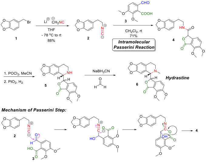 Falck’s total synthesis of hydrastine, the mechanism of the Passerini reaction for synthesis of the key intermediate is also illustrated