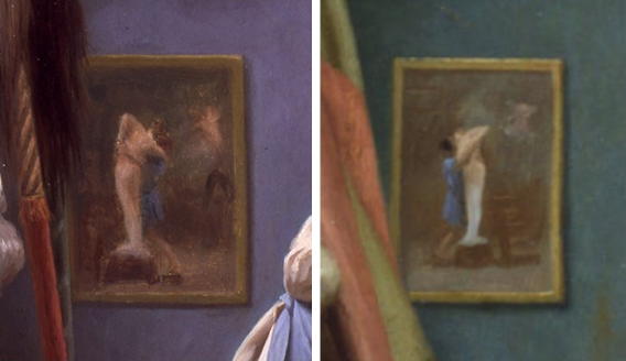 左图：《皮格马利翁和伽拉忒亚》，在《艺术家和他的模特》的背景中。右图：《皮格马利翁和伽拉忒亚》 在《在大理石中工作》的背景中。