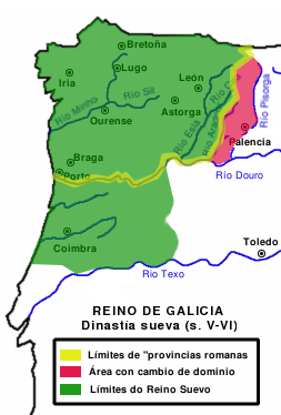 Mapa do Reino de Galicia durante a dinastía dos suevos (s. V-VI)