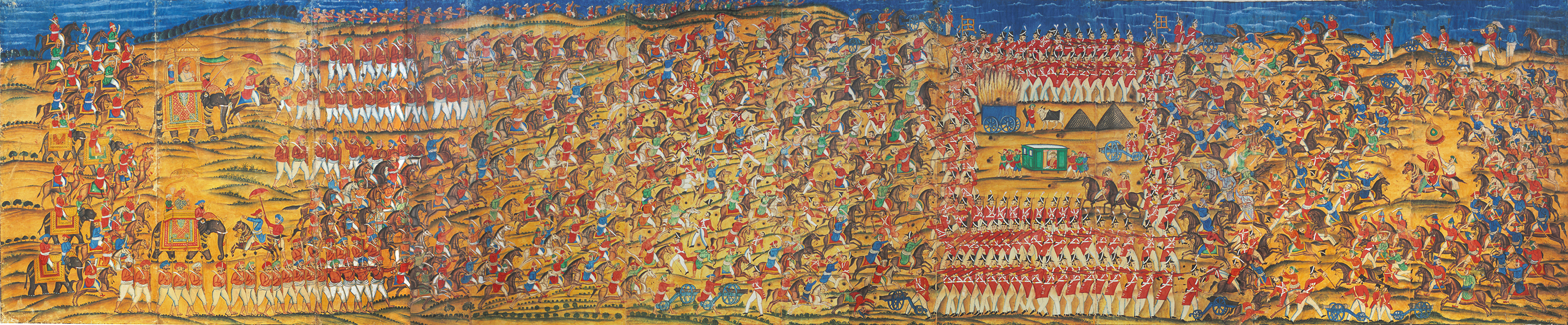 Tipu Sultan commissioned The Battle of Pollilur for the Daria Daulat Bagh to monumentalize his victory; early 19th-century, gouache on paper, 10 sheets of paper on canvas, mounted on restoration fabric, 962 × 200 cm, private collection.