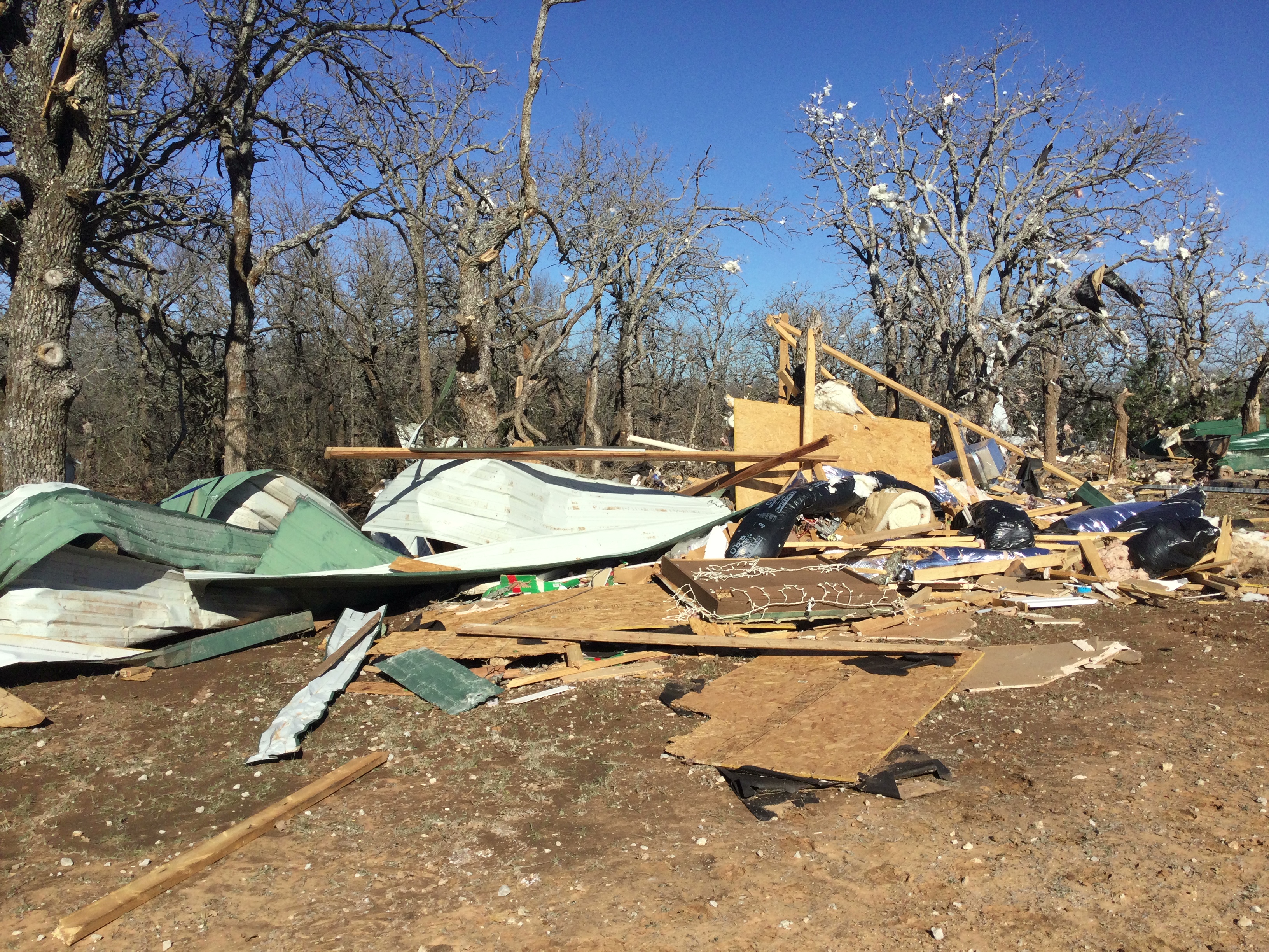 A carport that was destroyed at high-end EF2 intensity in Eastland County, Texas north of Gorman, Texas.