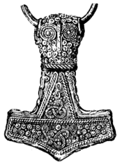 A drawing of an ornate-carved metal hammer pendant from historical text.