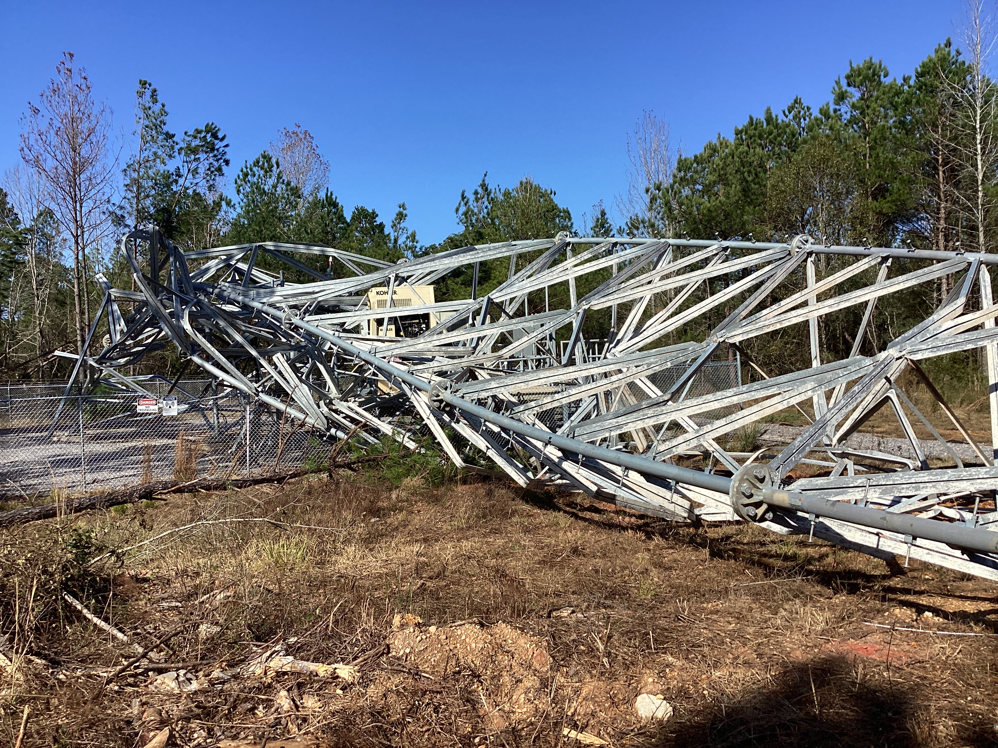 A cell phone tower that was knocked down by an EF2 tornado just northwest of Cheraw, Mississippi.