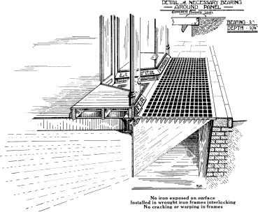 Diagram of prisms in a pavement bending light to hit a wall of glass prims lying directly under and in line with the basement wall, which bend the light further to the horizontal