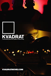 On a background composed of 3 images, first of silhouettes of people dancing in a night-club with a DJ wearing headphones, second a man reclining in a train compartment bunk, third a night view from outside a car, are laid over a white square with the title of the film "Kvadrat" and immediately below "a documentary about the realities of techno DJing". An address to the film’s official web site "kvadratmovie.com is shown at the bottom left corner.