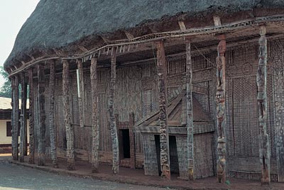 Traditional Bamileke architecture, depicting impressive wooden structures. Remnants of Bamileke civilisation