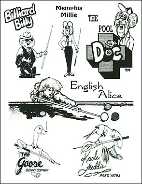 Black-and-white line art of the magazine's four cartoon mascots and two contributor caricatures, as discussed in this section.