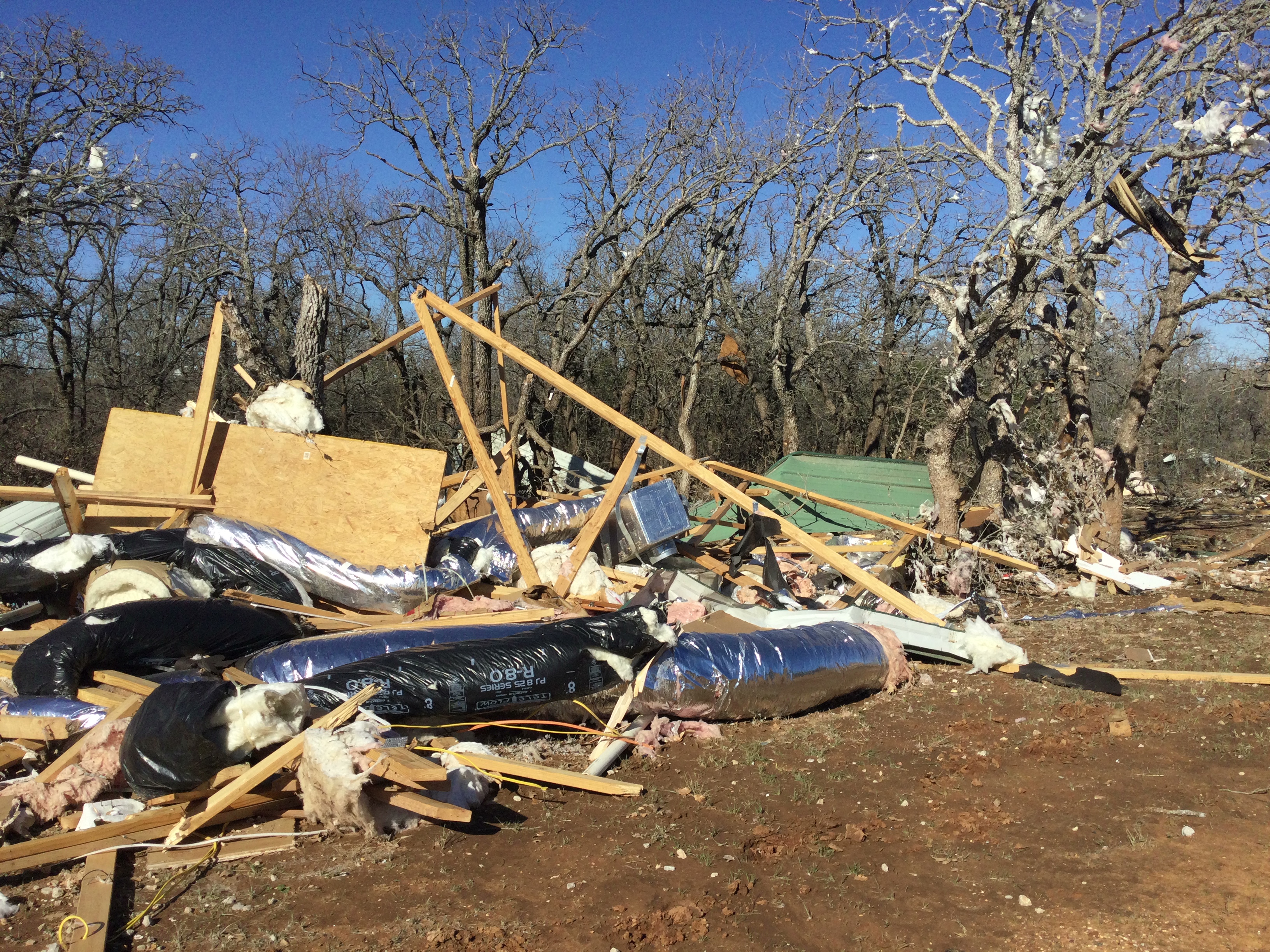 A carport that was destroyed at high-end EF2 intensity in Eastland County, Texas north of Gorman, Texas.