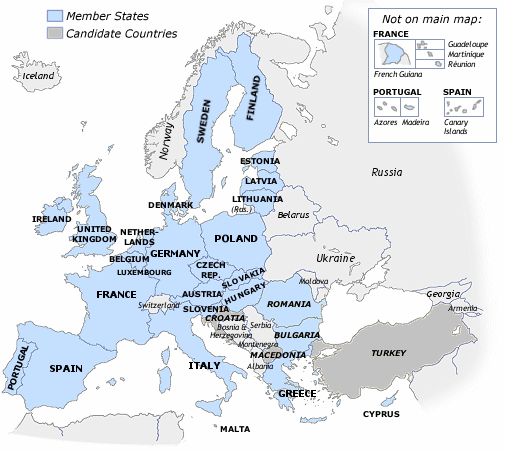 Map of EU member states, 2007 admissions and candidate countries