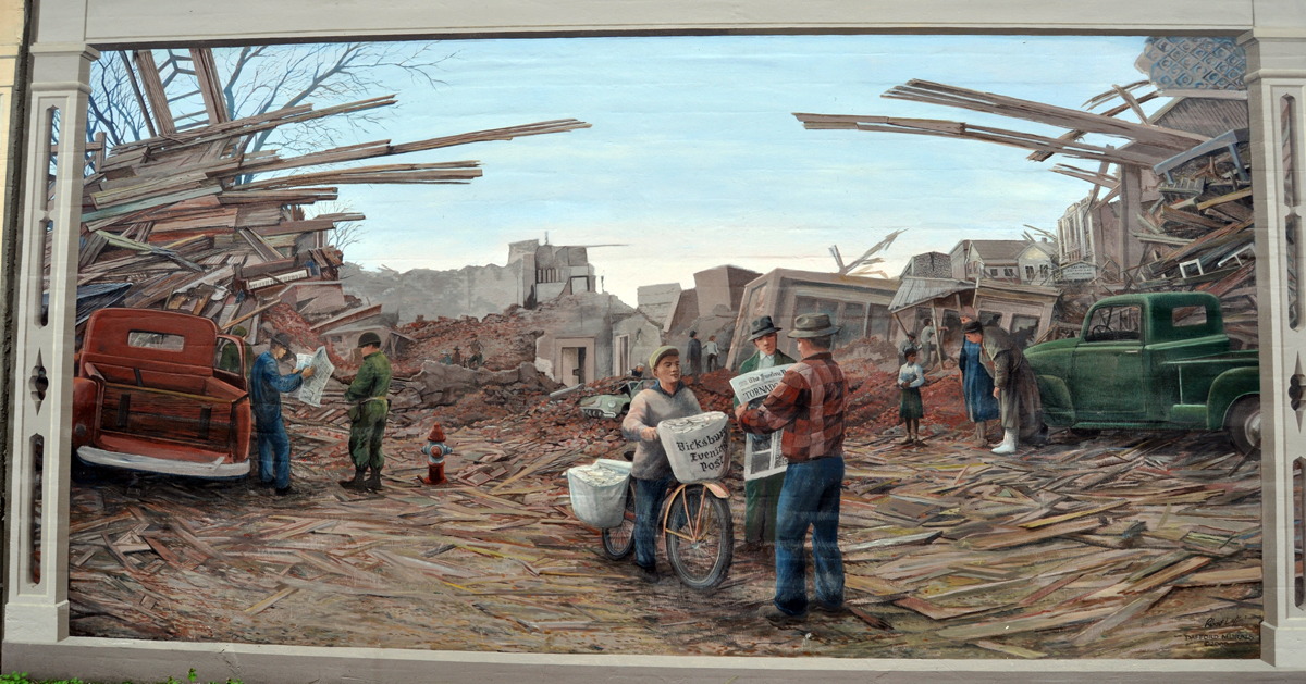 Flood Wall Mural showing the damage in Vicksburg, Mississippi.