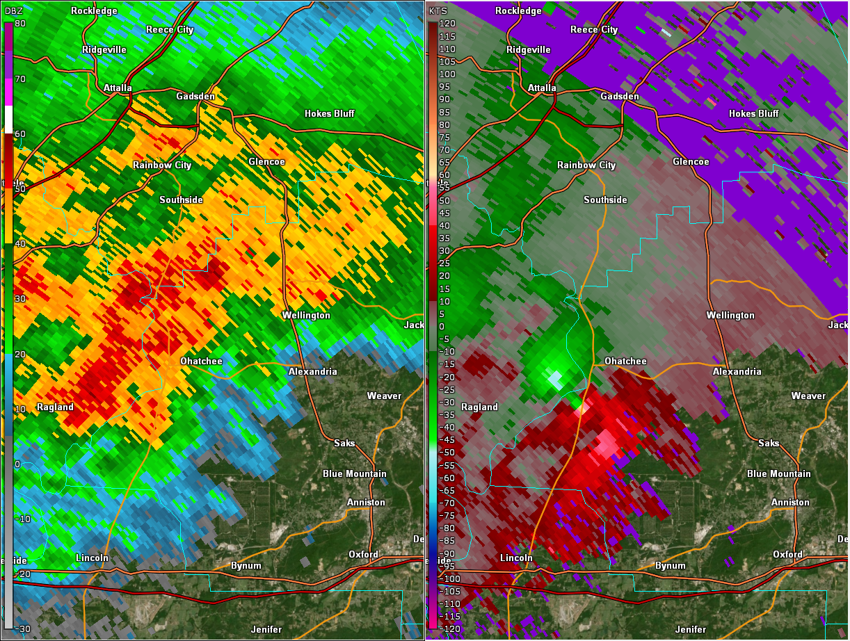 Radar image of EF3 Ohatchee, AL tornado at peak intensity as it entered Ohatchee at 1841Z 3-25-2021.