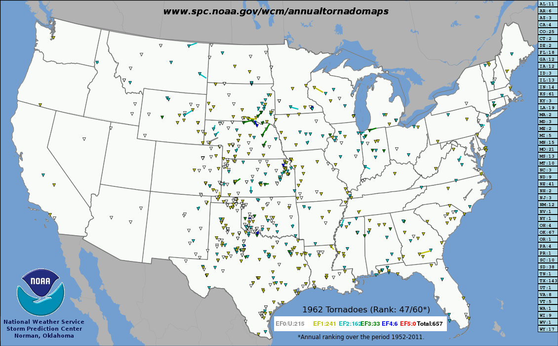 US tornado tracks of 1962.