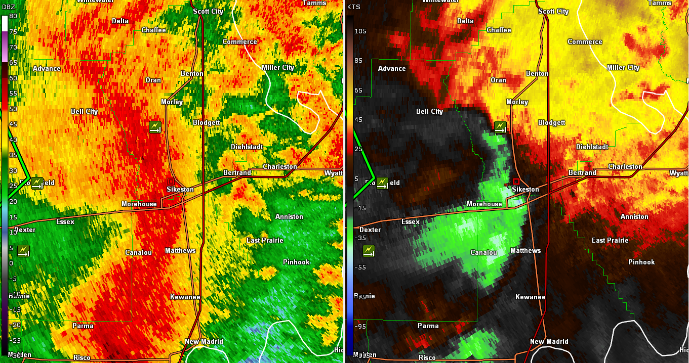 Radar image of the EF3 Sikeston tornado at as it struck Sikeston. A separate circulation to north was producing the EF2 Dexter tornado as well.