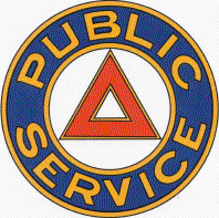 A red triangle with a hollow center surrounded by a blue circle with yellow on the inside and outside rings as well as yellow writing which reads "Public Service"