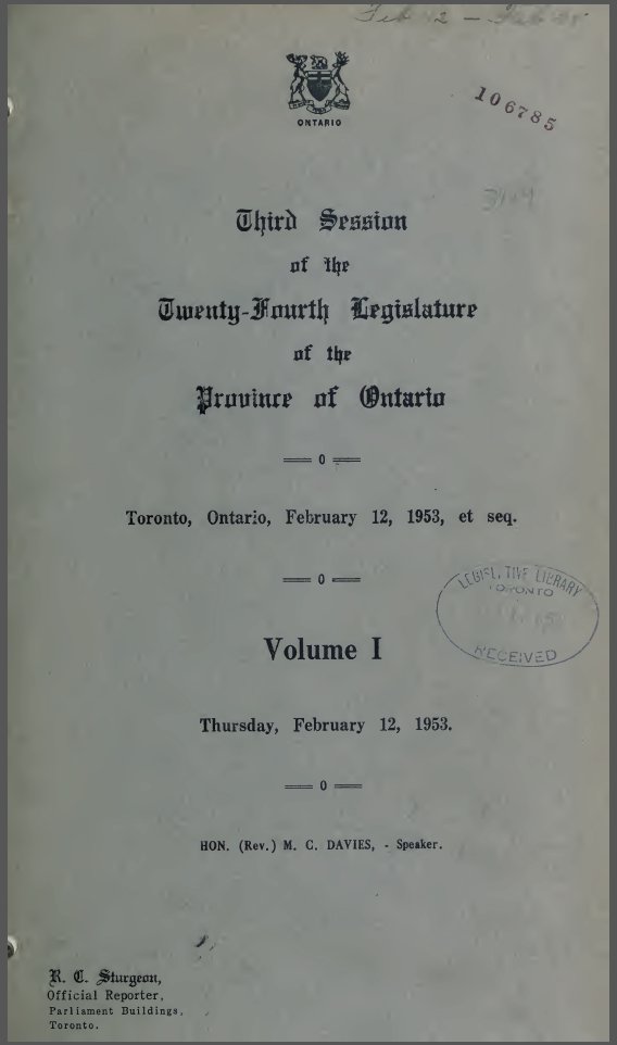 Cover page of Hansard for the Province of Ontario, February 12, 1953