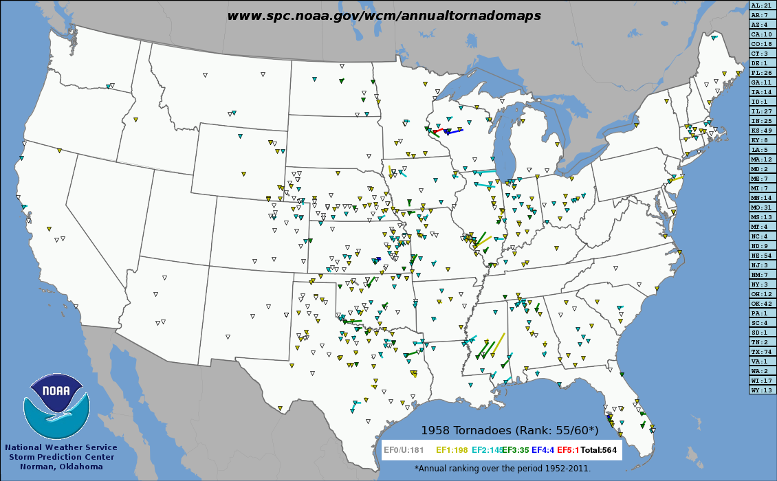 Tornado tracks of 1958.