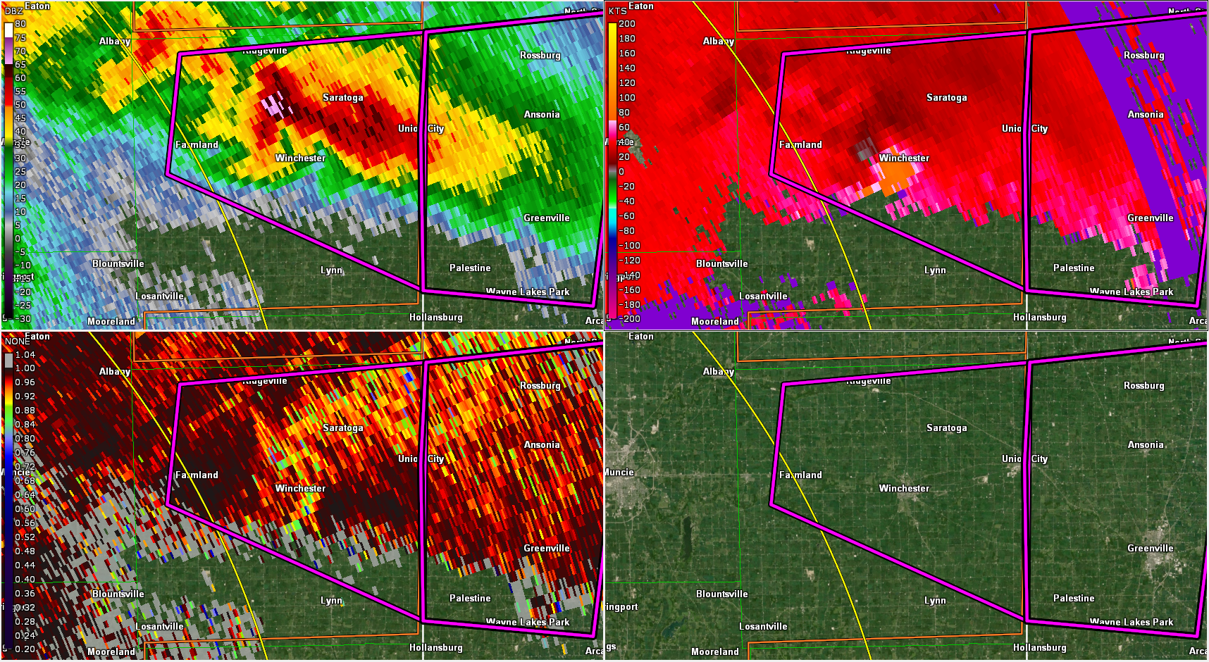 Radar image of the EF3 Winchester tornado as it entered the town.