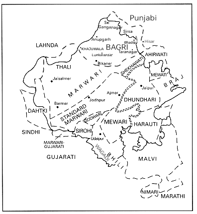 Geographical distribution of Rajasthani languages