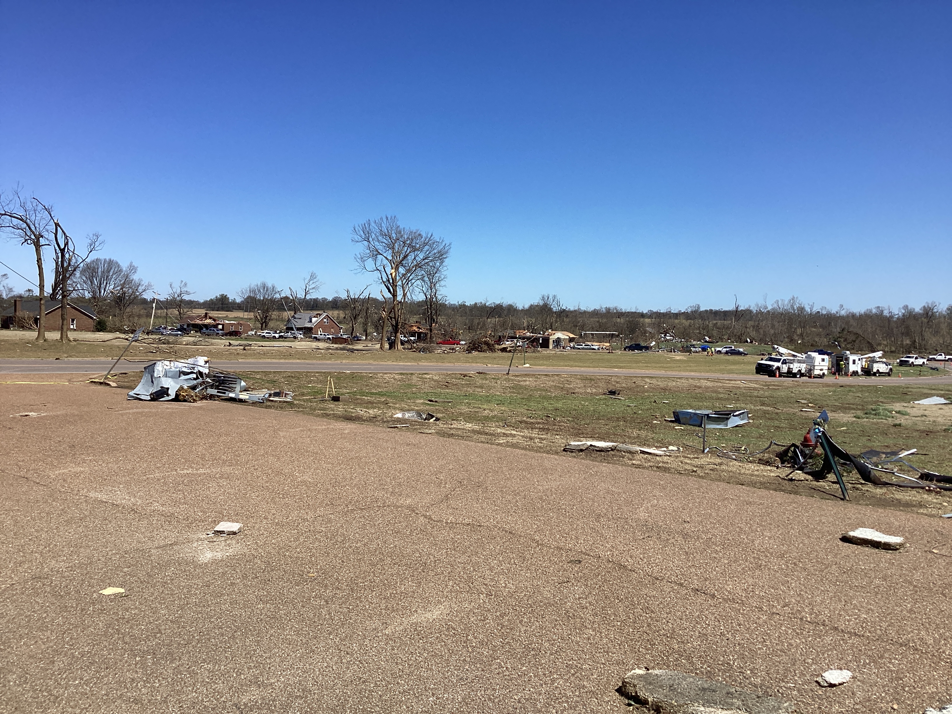 EF3 damage beyond Crestview Elementary School south of Covington, Tennessee.