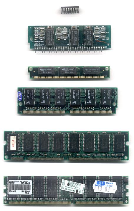 Một số loại RAM. Từ trên xuống: DIP, SIPP, SIMM 30 chân, SIMM 72 chân, DIMM (168 chân), DDR DIMM (184-chân).
