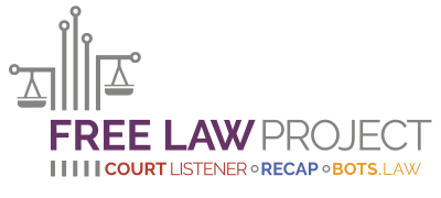 Free Law Project Logo showing the scales of justice and the main initiatives of the organization, CourtListener, RECAP, and Bots.law