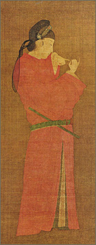 Portrait of a woman in disguise of a man wearing a red round-necked robe of the nobility and a cap of black gauze. A yokobue transverse flute is tucked in her obi and she is watchpg=PA159ing the fingers of both of her hands.