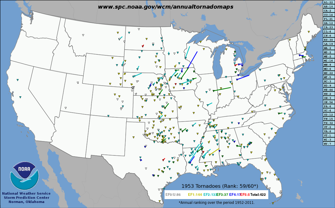 Tornado tracks of 1953.