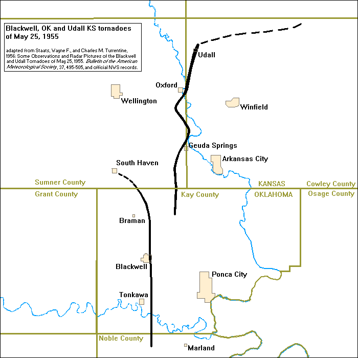 The tracks of the 1955 Blackwell and Udall F5 tornadoes.