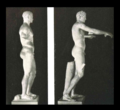A statue of Agias (height: 2 metres) and a statue of Apoxyomenos (height: 2.05 metres). Side view. The original image which was scanned can be located in Gardner, Percy (1846-1937), New Chapters in Greek Art, London: Oxford University Press, 1926, plate IX