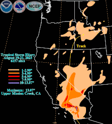 A map identifies the precipitation totals related to the storm's path across the western United States