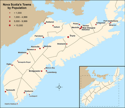 Map showing locations of Nova Scotia's towns