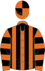 Orange, black stripes, black hoops on sleeves, orange and black quartered cap