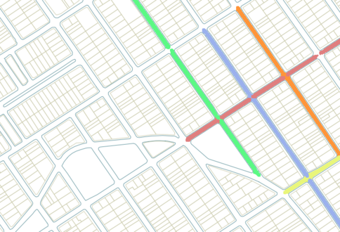 City blocks surrounded by streets, some streets with a different eight-digit postal code (suffixes 001 to 899)