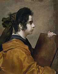 Juana Pacheco, Wife of the Artist, as a Sibyl (?), c. 1631. A more rigid representation of a similar portrait pose. This work was heavily over-painted in the 19th century, when elements such as jewellery were added. The over paint was removed in the early 1920s when it was attributed to Velázquez. Like the Sibyl with Tabula Rasa it is believed to be unfinished.[4]