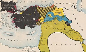 Ethnic map of Asia Minor in 1917. Black = Bulgars and Turks. Red = Greeks. Light yellow = Armenians. Blue = Kurds. Orange = Lazes. Dark Yellow = Arabs. Green = Nestorians.