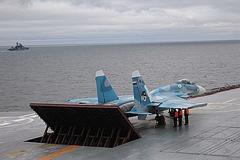 Sukhoi Su-33 preparing to take off from Admiral Kuznetsov in the Barents Sea, October 2008