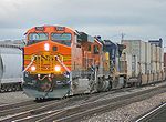 Burlington Northern Santa Fe 7663, a GE Rail "Evolution Series" ES44DC, brand new at Commerce, California, USA on the head of a transcontinental doublestack train.