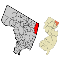 Location of Alpine in Bergen County highlighted in red (left). Inset map: Location of Bergen County in New Jersey highlighted in orange (right).