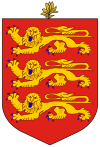 Coat of Arms: 3 Gold Lions on a Red Field, surmounted by a small branch of leaves